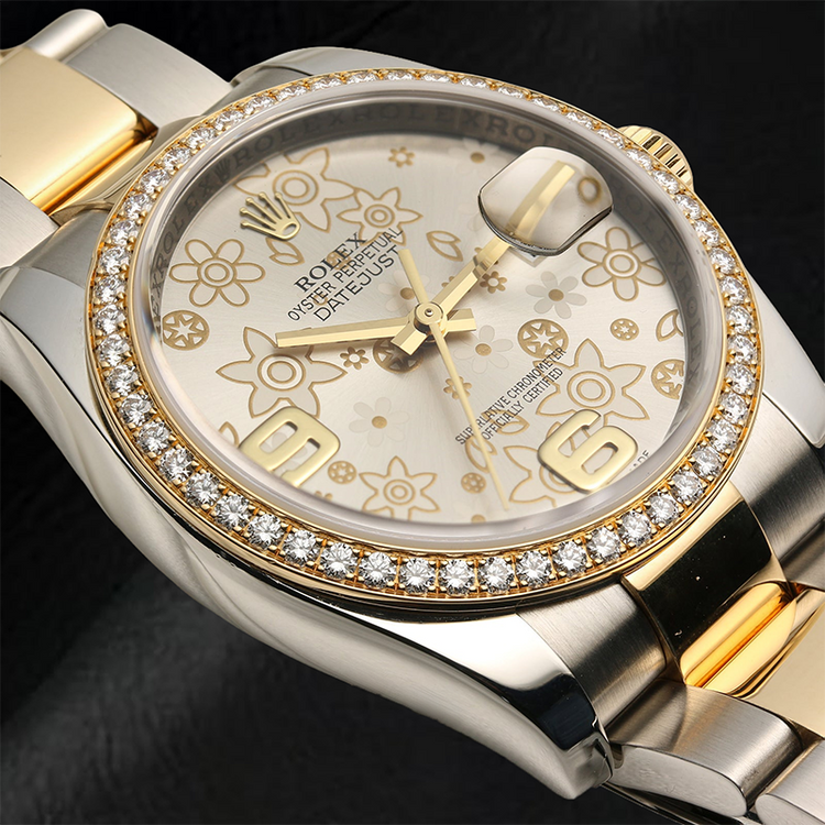 Montre Rolex de taille moyenne avec lunette en diamant pour dames, cadran fleuri avec lunette d'usine