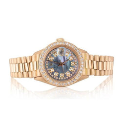 Montre Rolex en or jaune pour femme avec cadran en diamant gris bleuté Serpillière Chaîne