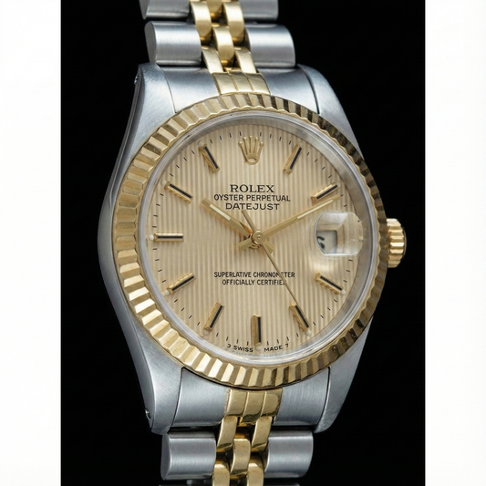 Montre Rolex pour femme avec cadran bâton jubilé en acier inoxydable et or jaune Datejust
