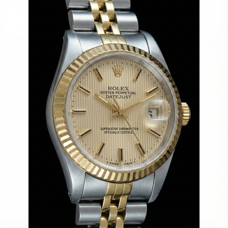 Montre Rolex pour femme avec cadran bâton jubilé en acier inoxydable et or jaune Datejust
