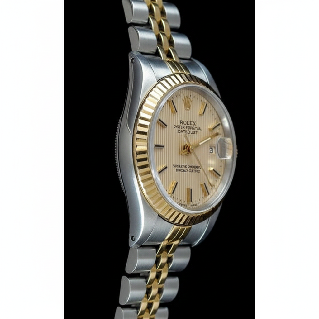 Montre Rolex pour femme avec cadran bâton jubilé en acier inoxydable et or jaune Datejust