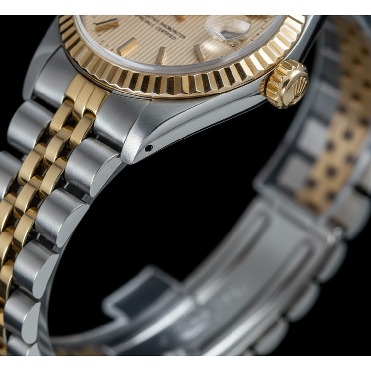 Montre Rolex pour femme avec cadran bâton jubilé en acier inoxydable et or jaune Datejust