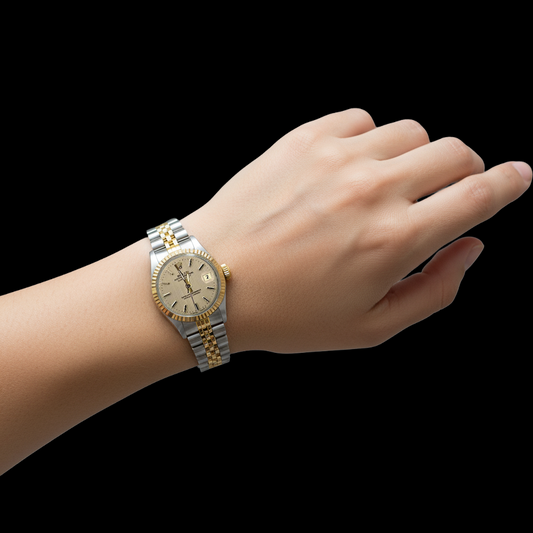 Montre Rolex pour femme avec cadran bâton jubilé en acier inoxydable et or jaune Datejust P1
