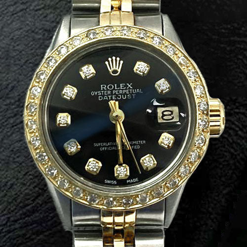 Montre Rolex pour femme avec cadran en diamant noir et bracelet en or Datejust