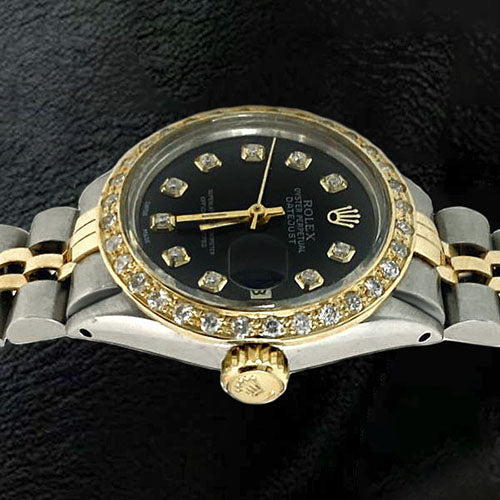 Montre Rolex pour femme avec cadran en diamant noir et bracelet en or Datejust