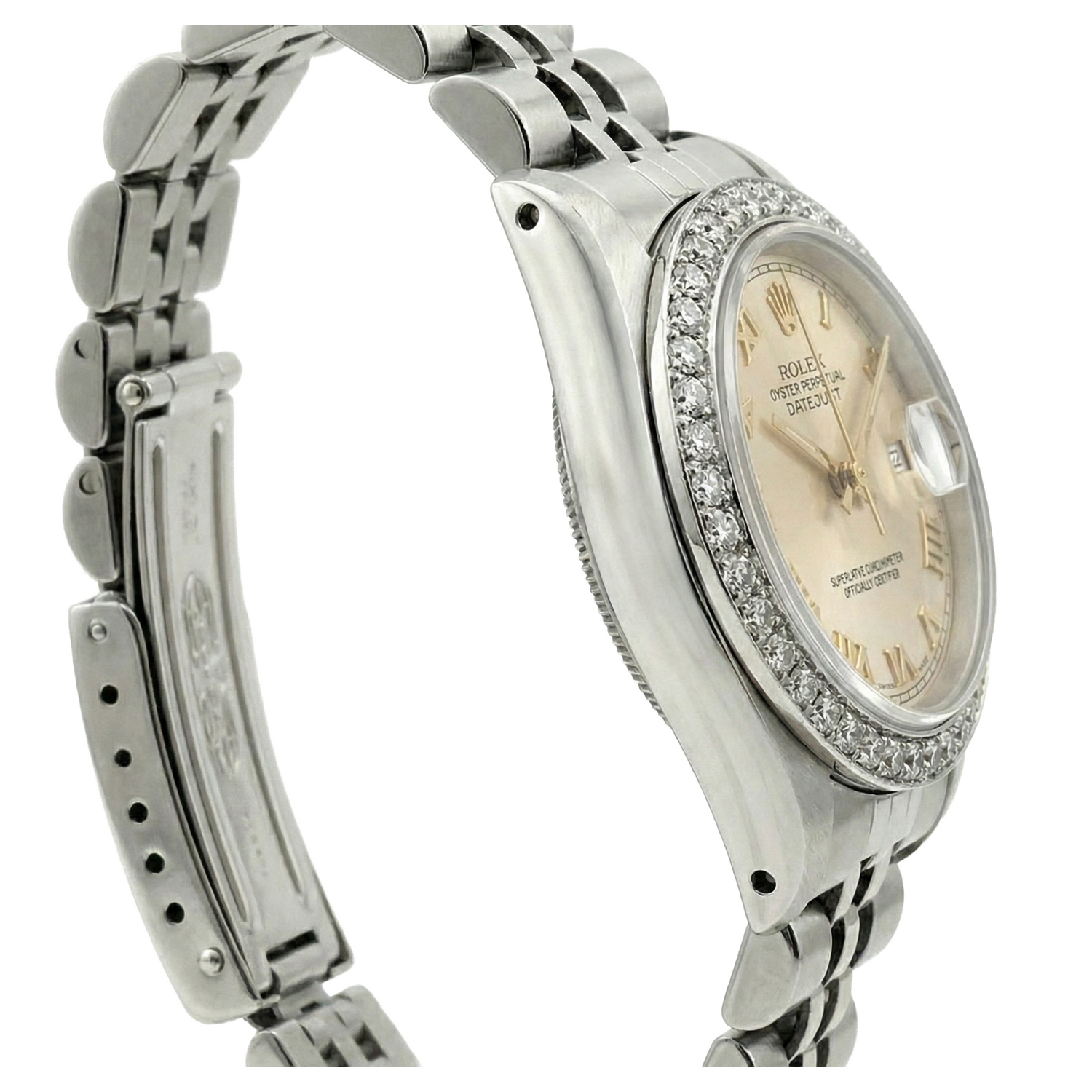 Montre Rolex pour femme avec cadran romain blanc et bracelet en diamants