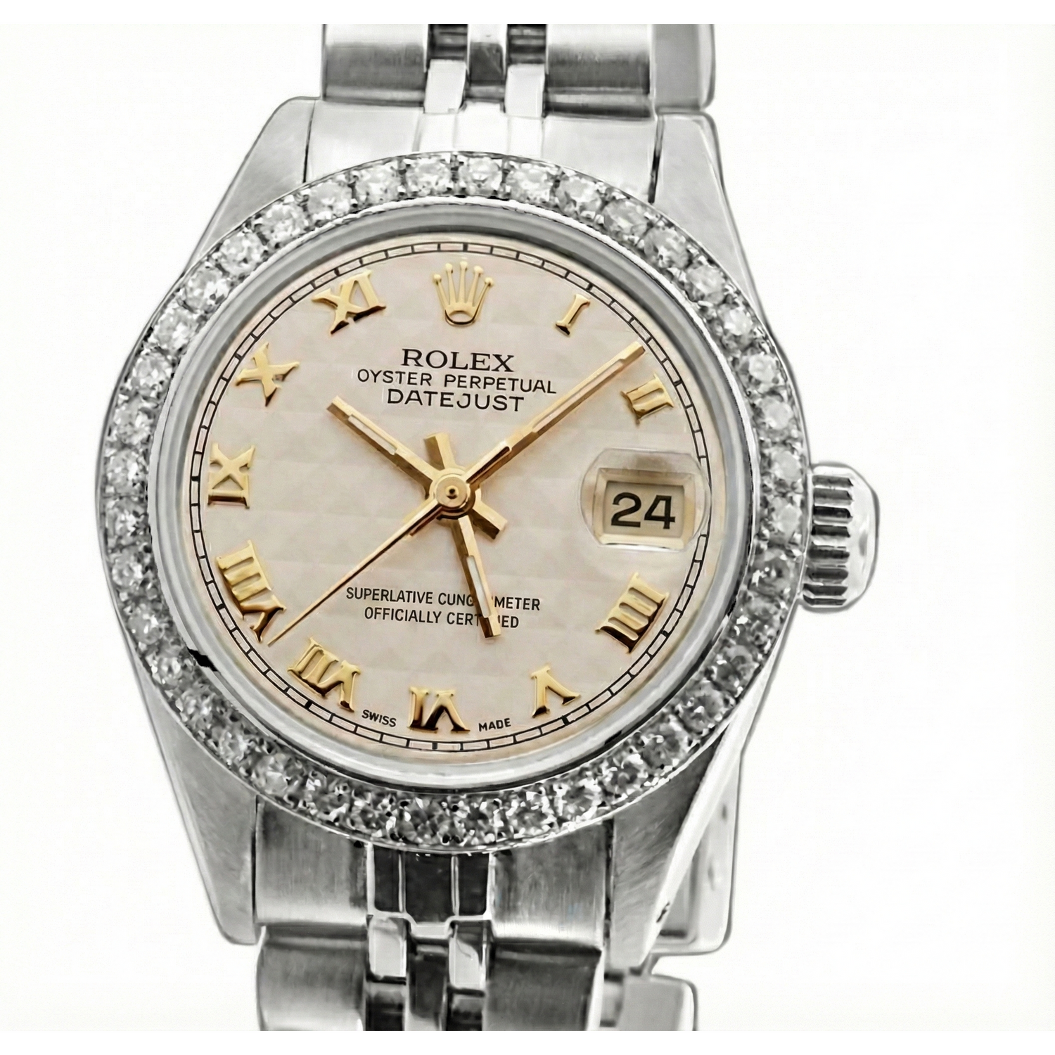 Montre Rolex pour femme avec cadran romain blanc et bracelet en diamants