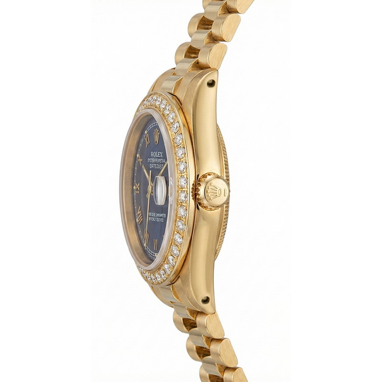 Montre Rolex pour femme de still présidentiel or jaune Datejust avec cadran romain bleu