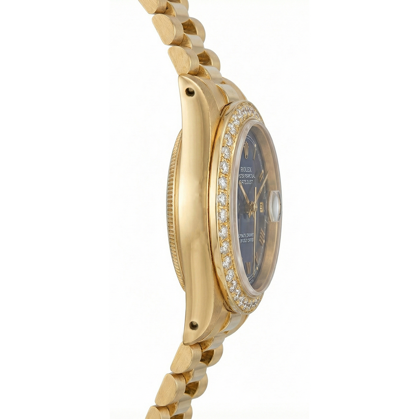Montre Rolex pour femme de still présidentiel or jaune Datejust avec cadran romain bleu