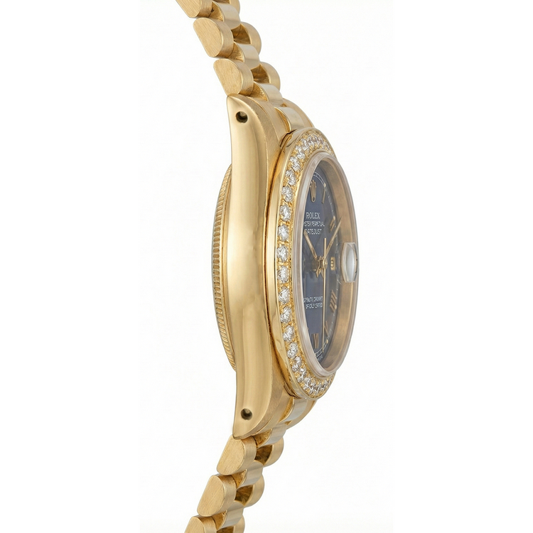 Montre Rolex pour femme de still présidentiel or jaune Datejust avec cadran romain bleu