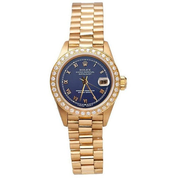 Montre Rolex pour femme de still présidentiel or jaune Datejust avec cadran romain bleu