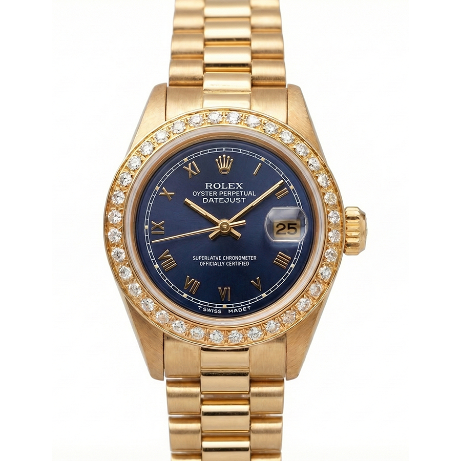 Montre Rolex pour femme de still présidentiel or jaune Datejust avec cadran romain bleu