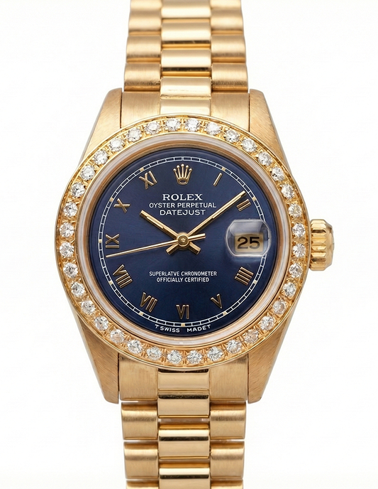 Montre Rolex pour femme de still présidentiel or jaune Datejust avec cadran romain bleu