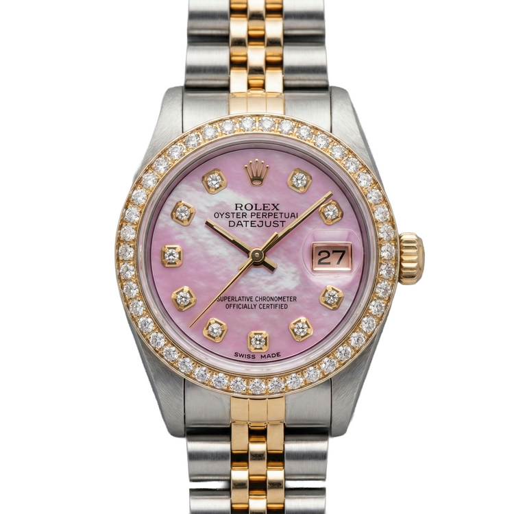 Montre Rolex pour femme en or jaune 18 carats avec cadran rose serti de diamants