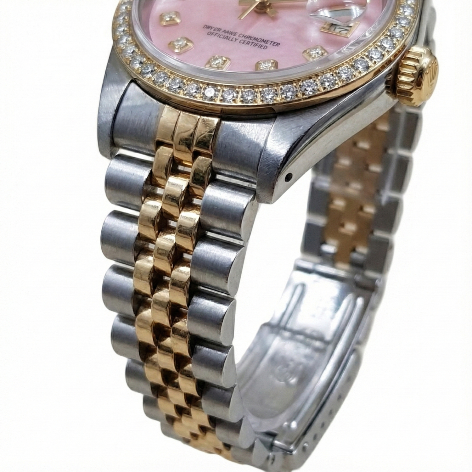 Montre Rolex pour femme en or jaune 18 carats avec cadran rose serti de diamants