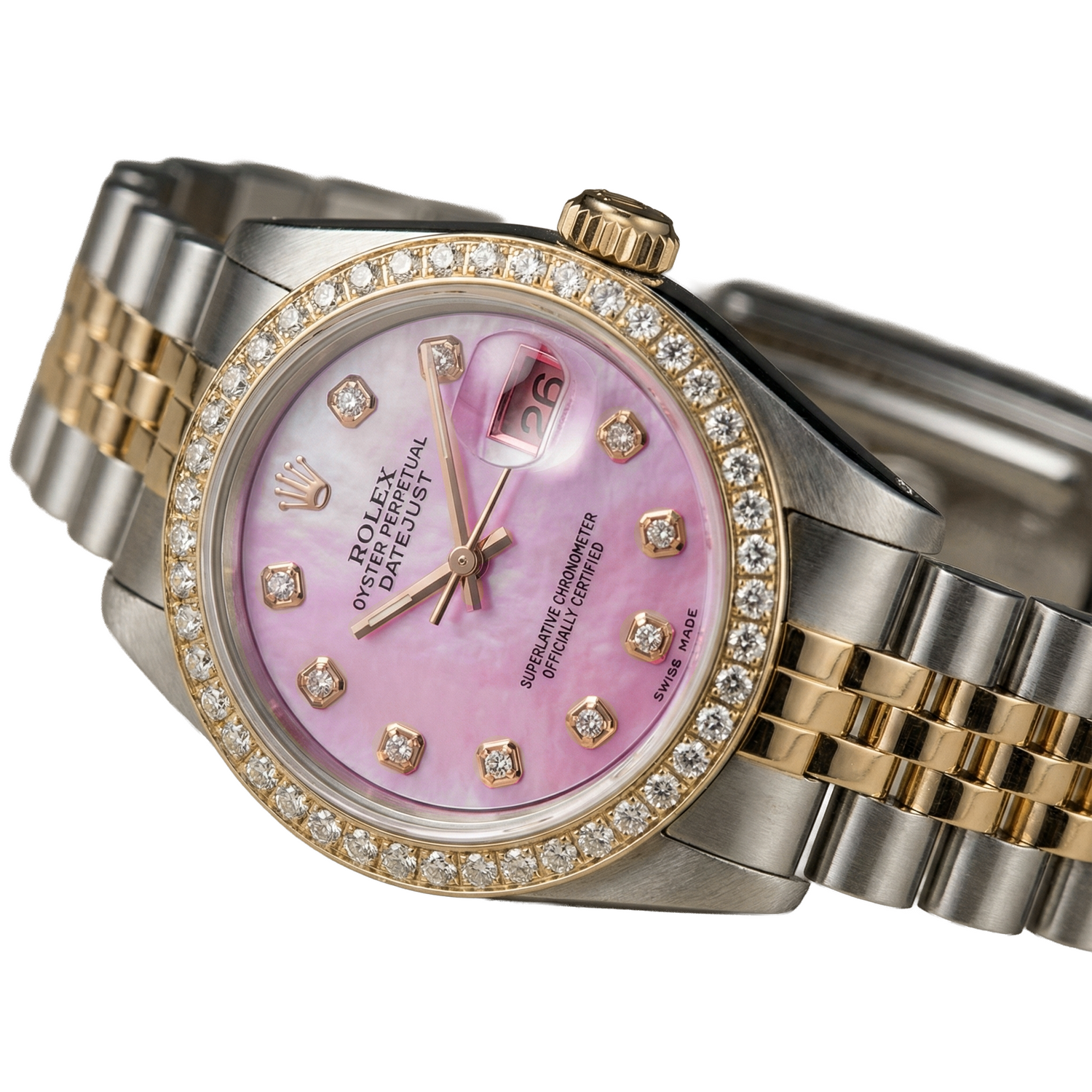 Montre Rolex pour femme en or jaune 18 carats avec cadran rose serti de diamants
