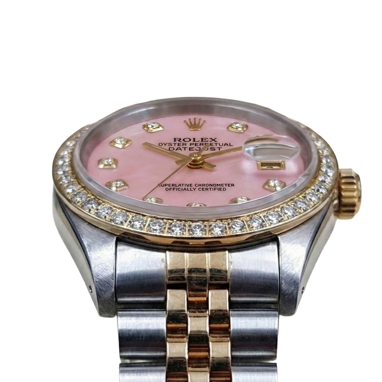 Montre Rolex pour femme en or jaune 18 carats avec cadran rose serti de diamants