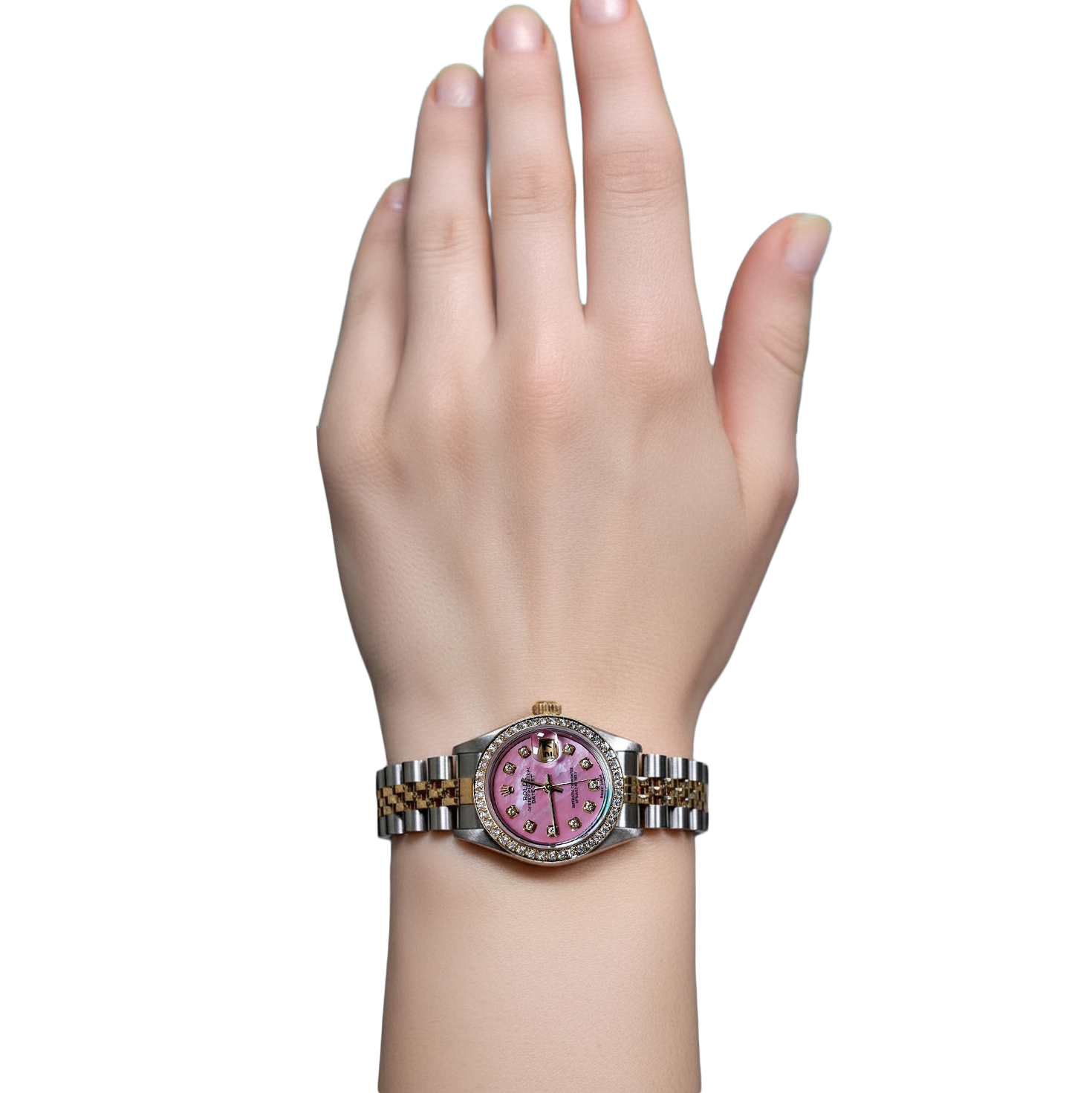 Montre Rolex pour femme en or jaune 18 carats avec cadran rose serti de diamants P4