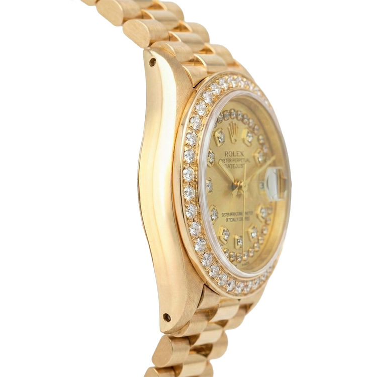 Montre à cadran à cordes champagne de still président Rolex avec lunette en diamant or jaune