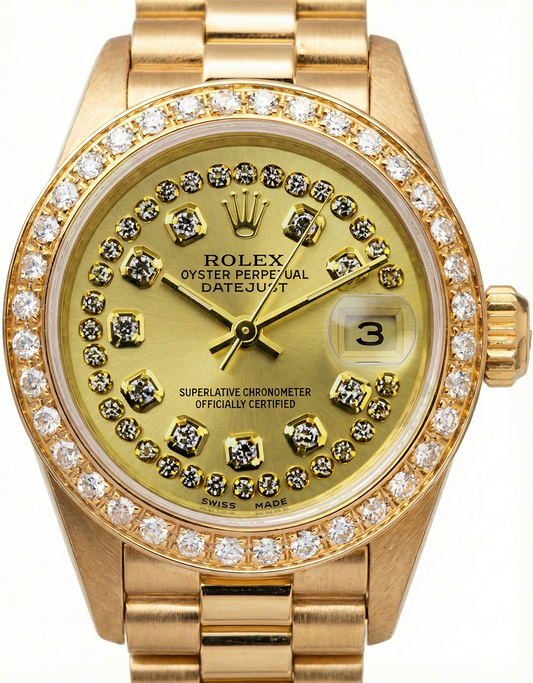 Montre à cadran à cordes champagne de still président Rolex avec lunette en diamant or jaune