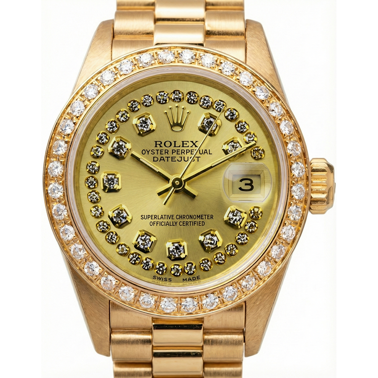 Montre à cadran à cordes champagne de still président Rolex avec lunette en diamant or jaune