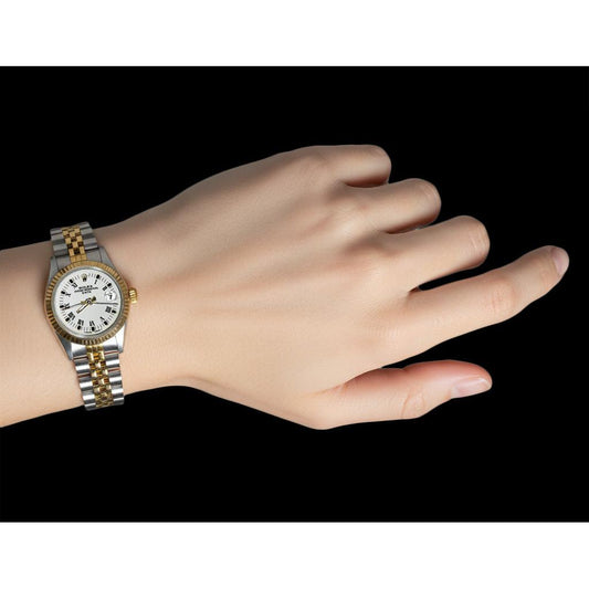 Montre avec bracelet et date en acier inoxydable et or, cadran romain blanc, lunette cannelée P2