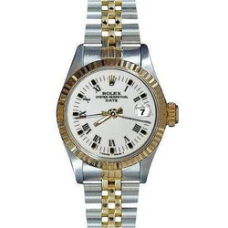 Montre avec bracelet et date en acier inoxydable et or, cadran romain blanc, lunette cannelée