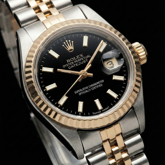 Montre bicolore dame Rolex Datejust 26 mm à cadran bâton noir