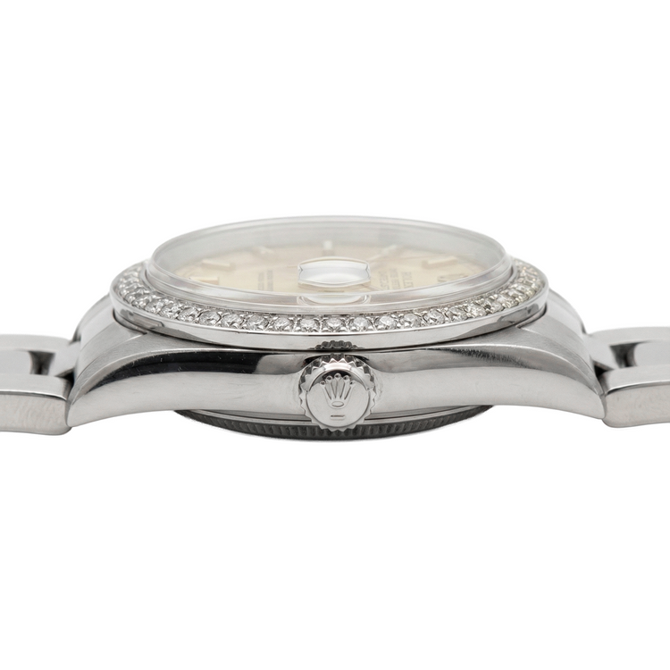 Montre à cadran bâton Rolex de taille moyenne, bracelet acier inoxydable huître, lunette en diamant