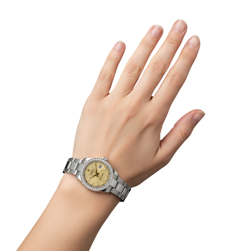 Montre à cadran bâton Rolex de taille moyenne, bracelet acier inoxydable huître, lunette en diamant P2