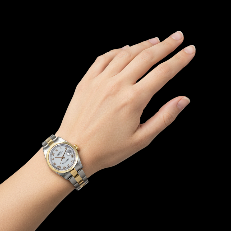 Montre dame Datejust Rolex à cadran romain blanc 31 mm en acier doré