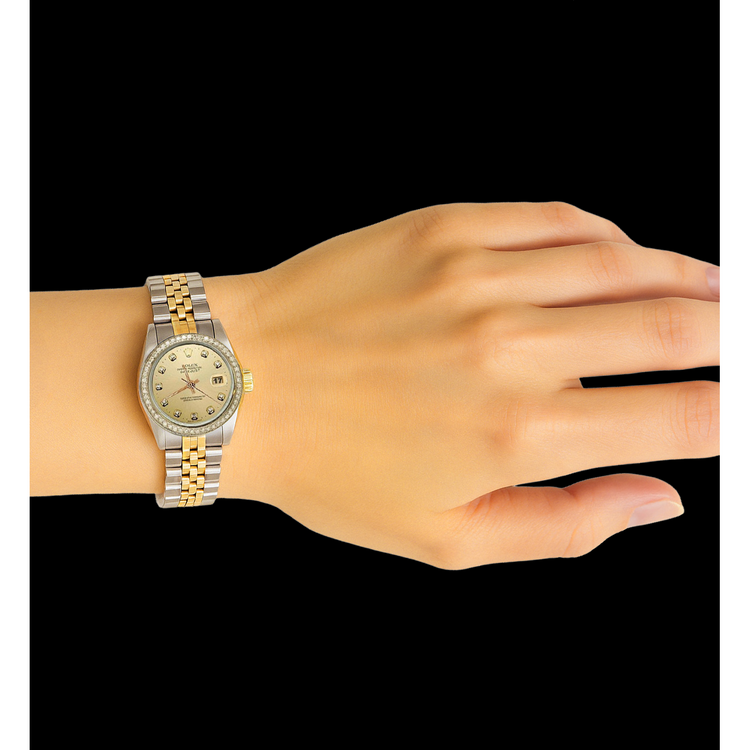 Montre dame Datejust en acier inoxydable et or, cadran diamant, lunette Rolex P2