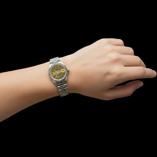 Montre dame Rolex acier inoxydable Datejust à cadran arabe champagne P2