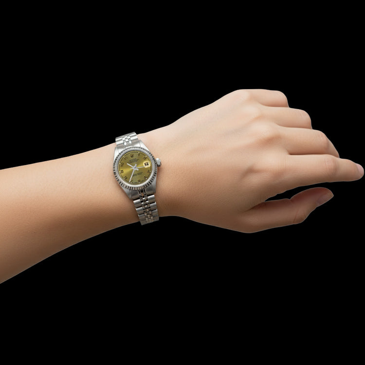 Montre dame Rolex acier inoxydable Datejust à cadran arabe champagne P2