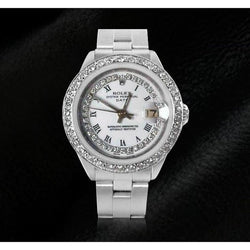 Montre de date pour femme avec cadran en diamant à chaîne blanche et lunette acier inoxydable huître