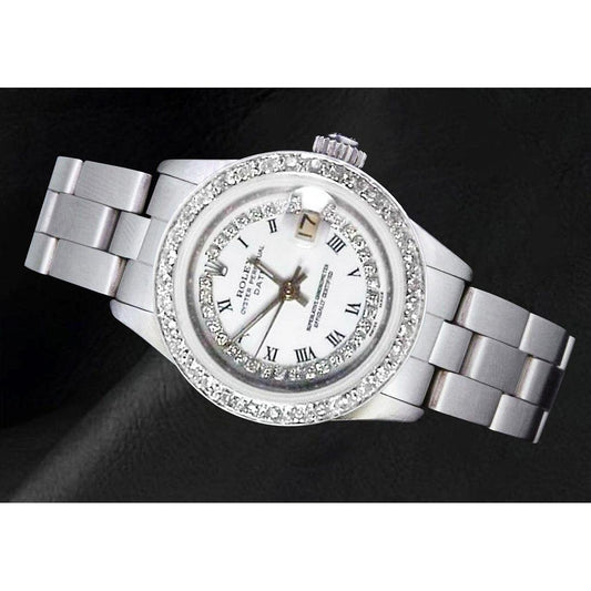Montre de date pour femme avec cadran en diamant à chaîne blanche et lunette acier inoxydable huître