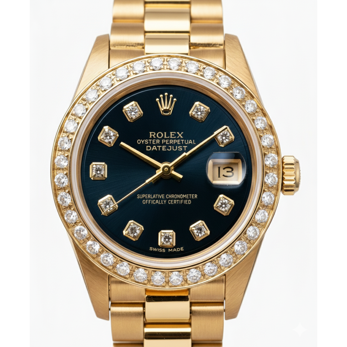 Montre de still président Rolex Cadran diamant bleu Lunette Datejust or jaune