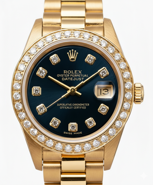 Montre de still président Rolex Cadran diamant bleu Lunette Datejust or jaune