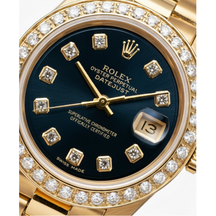 Montre de still président Rolex Cadran diamant bleu Lunette Datejust or jaune