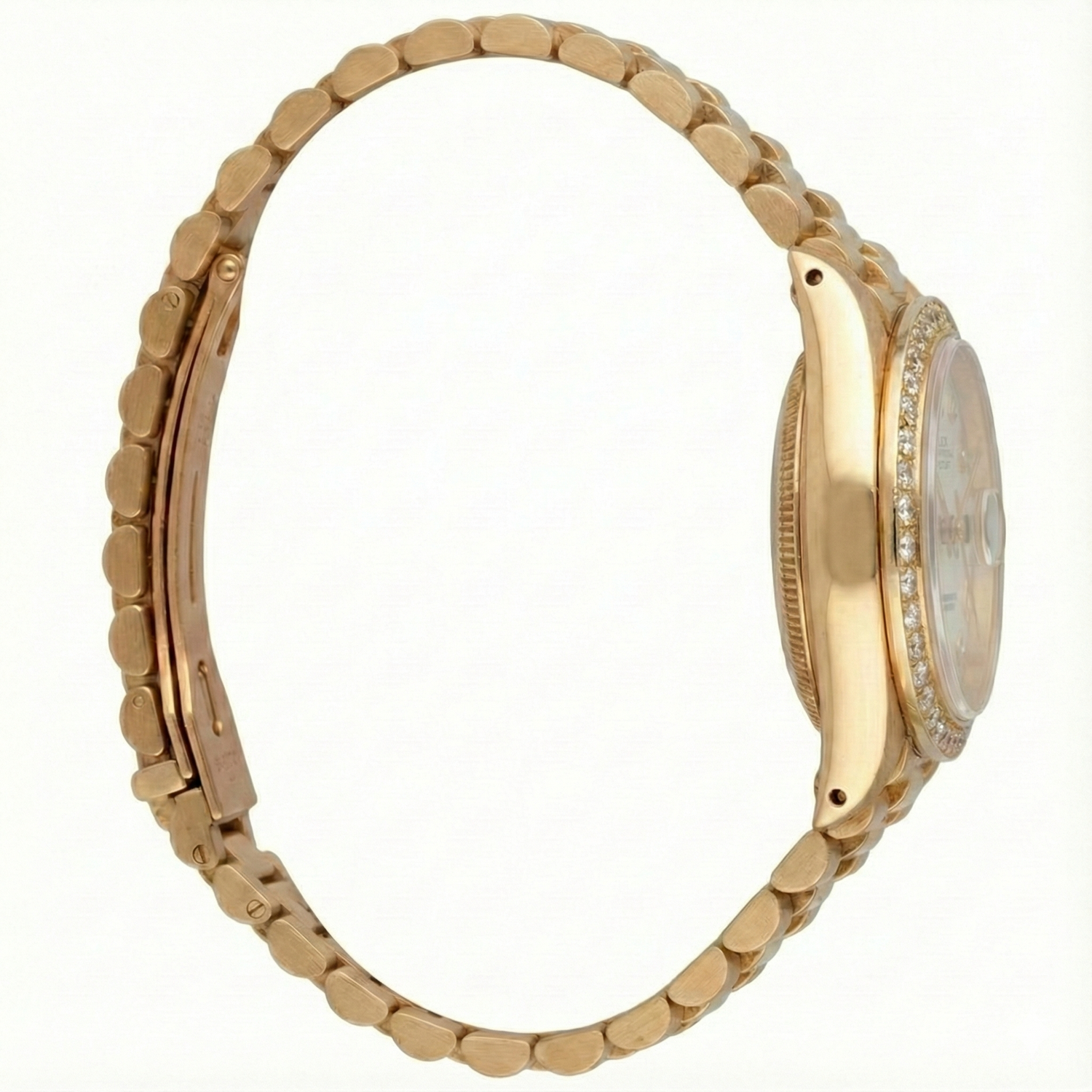 Montre de still président datejust Rolex en or, cadran romain blanc, lunette en diamant