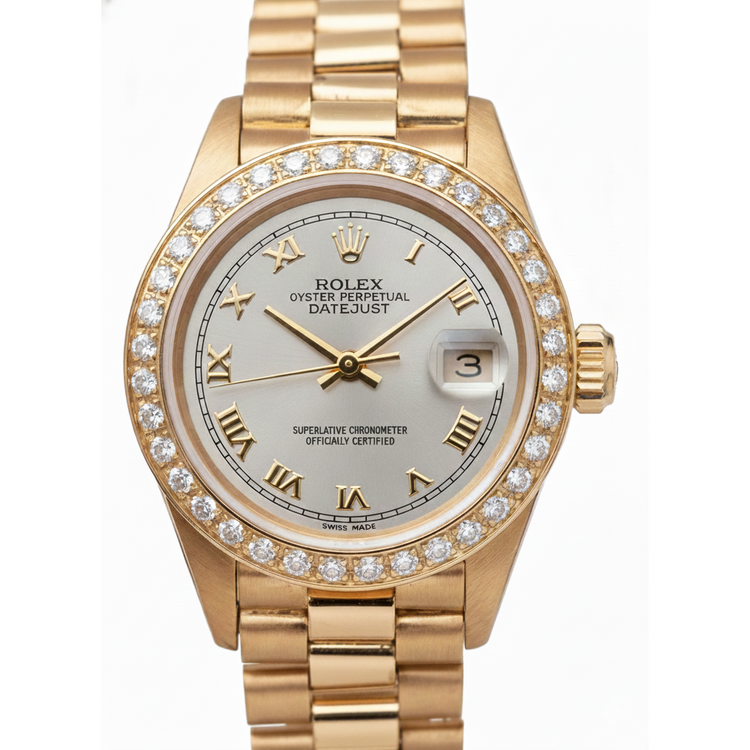 Montre de still président datejust Rolex en or, cadran romain blanc, lunette en diamant
