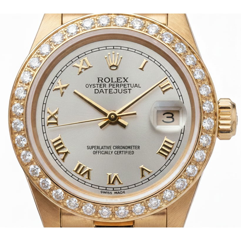 Montre de still président datejust Rolex en or, cadran romain blanc, lunette en diamant