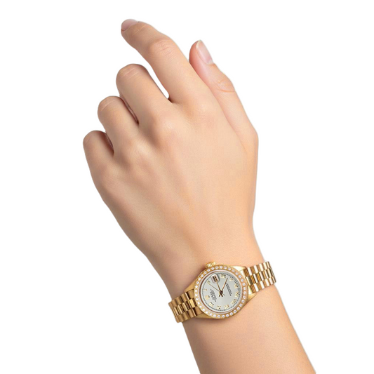 Montre de still président datejust Rolex en or, cadran romain blanc, lunette en diamant P2