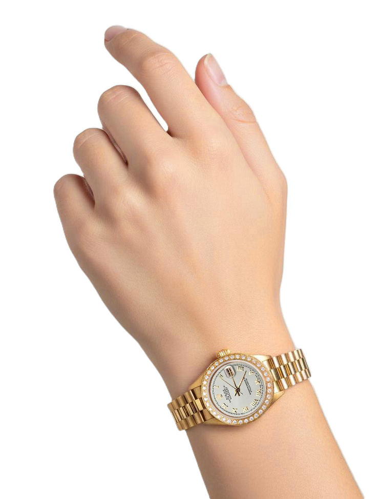 Montre de still président datejust Rolex en or, cadran romain blanc, lunette en diamant P2