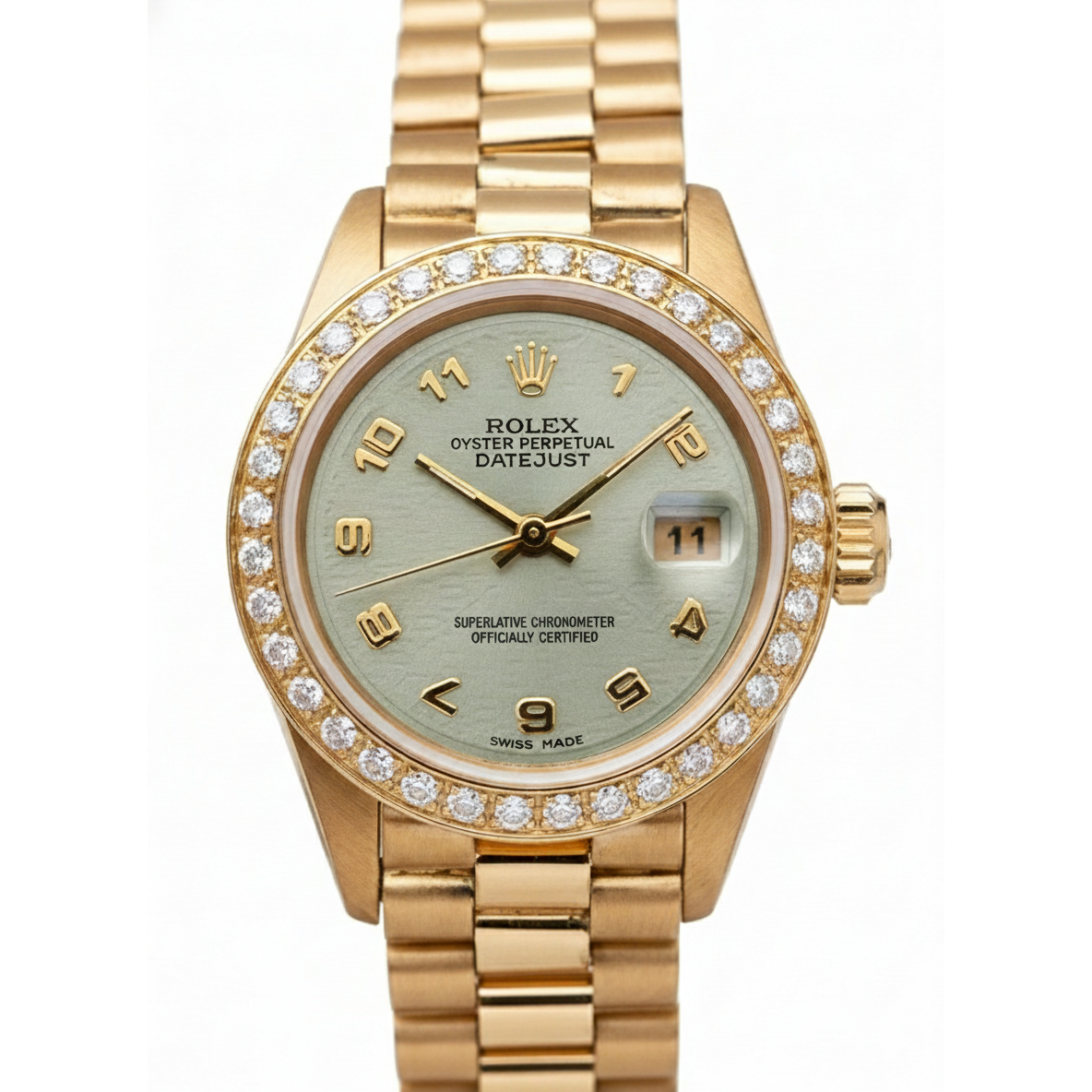 Montre de still président or jaune Rolex Datejust avec lunette en diamant et cadran arabe