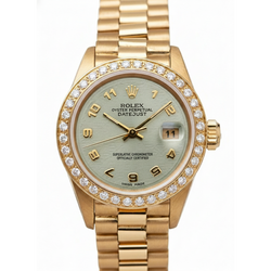 Montre de still président or jaune Rolex Datejust avec lunette en diamant et cadran arabe