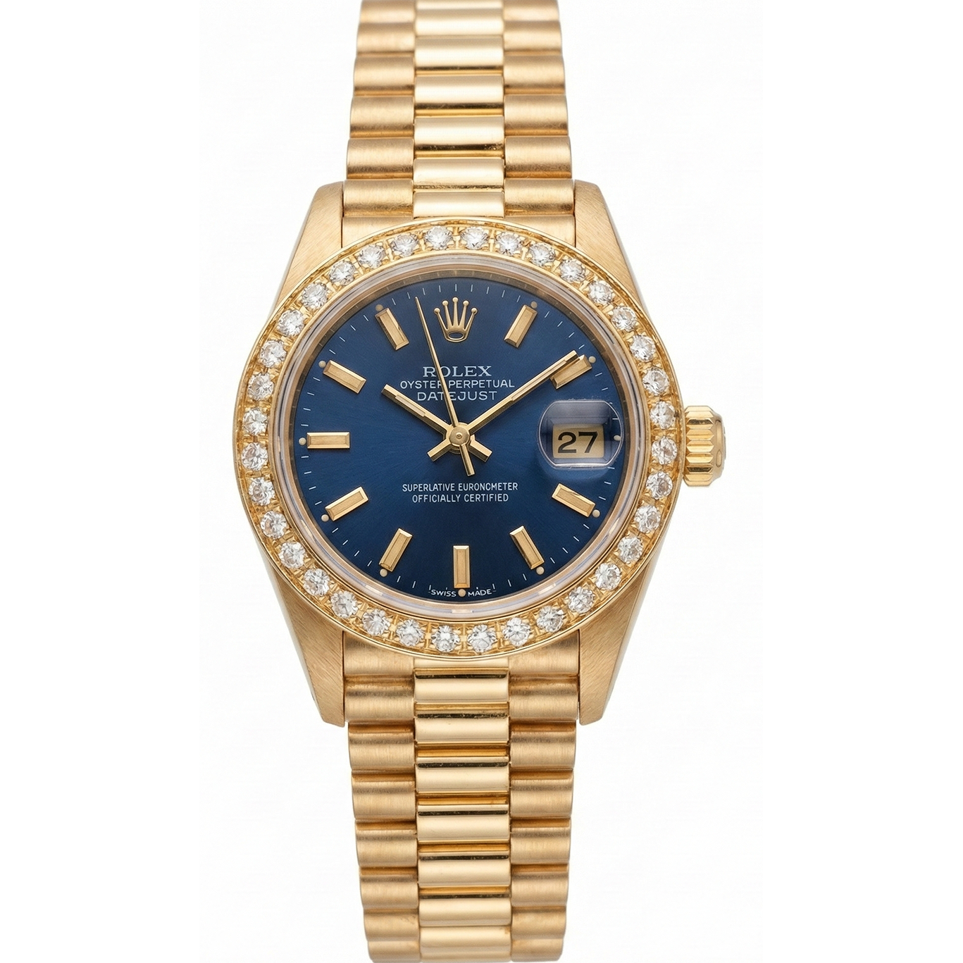 Montre de still présidentiel Datejust Rolex, cadran bleu, lunette en diamant