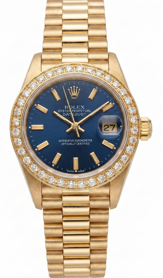 Montre de still présidentiel Datejust Rolex, cadran bleu, lunette en diamant