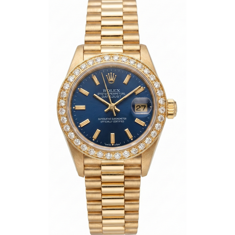 Montre de still présidentiel Datejust Rolex, cadran bleu, lunette en diamant