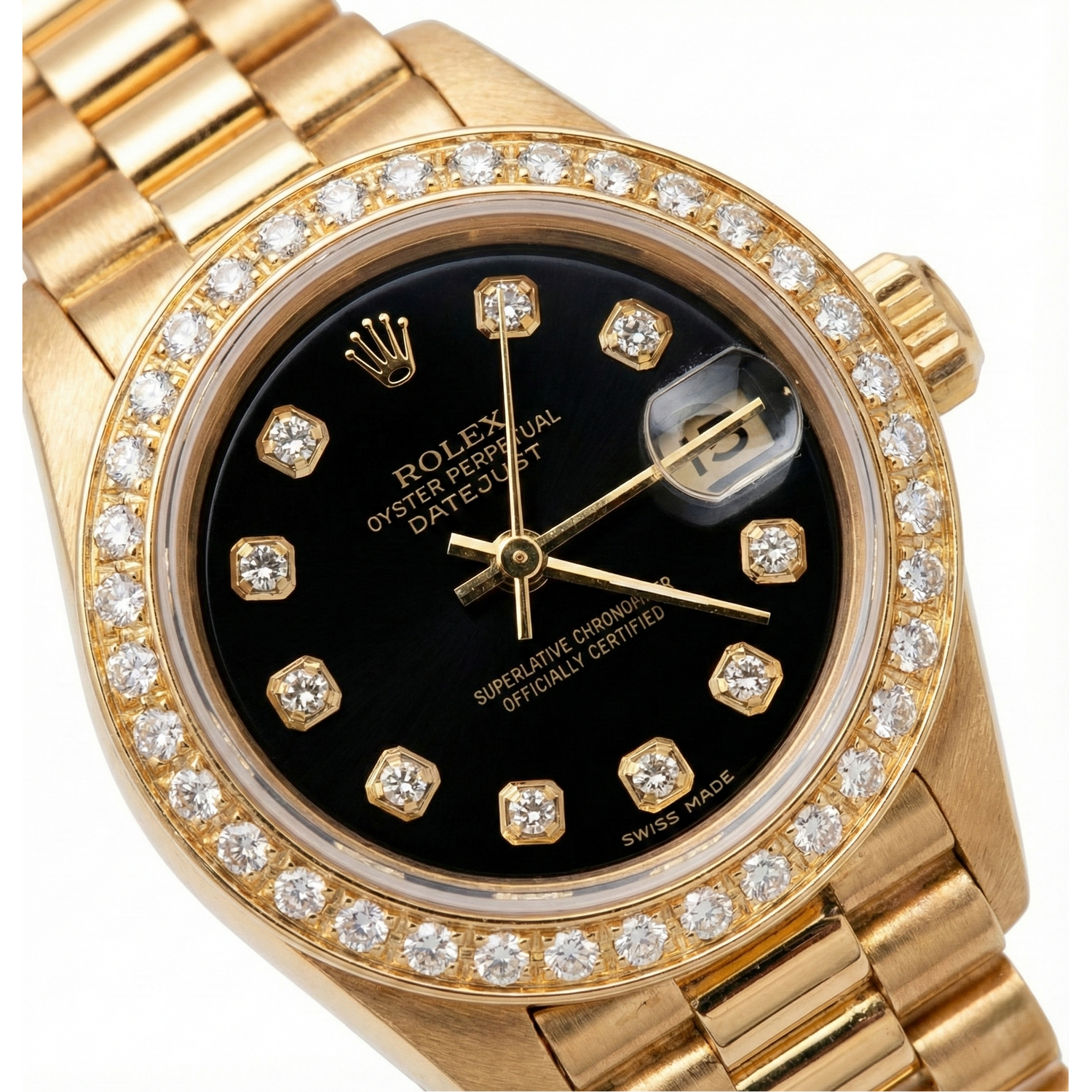 Montre de still présidentiel Rolex Cadran en diamant noir Lunette or jaune Datejust